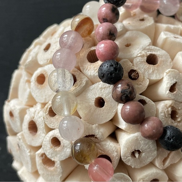 Pink and Black Natural Stone Beaded Bracelet Pink Tourmaline Lava Rhodonite - Picture 2 of 10